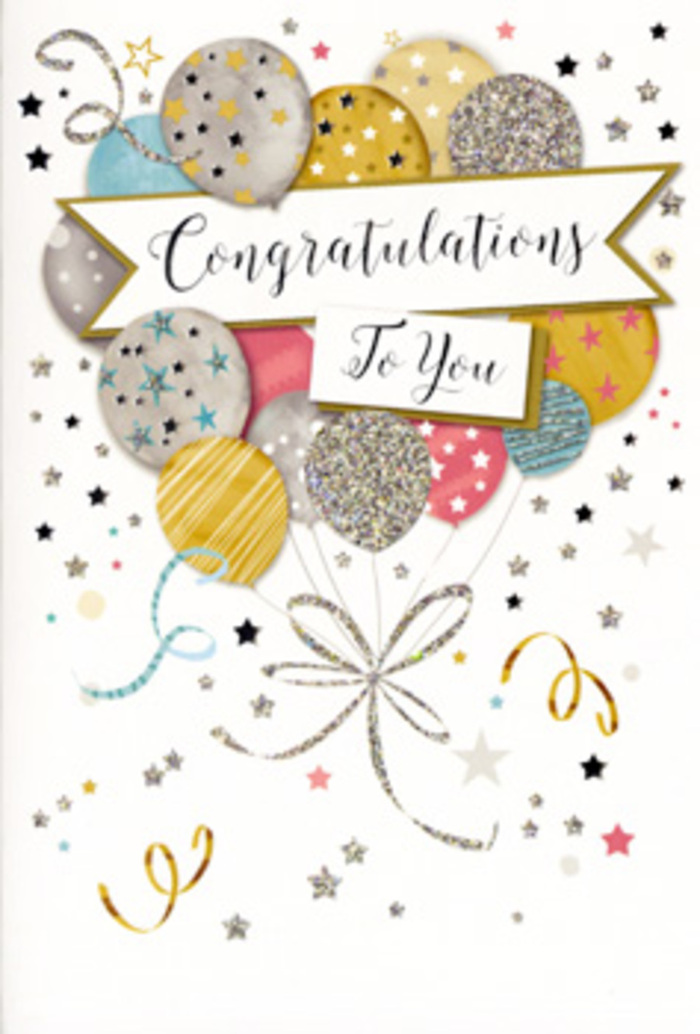 An artfully designed congratulations card is displayed, its composition reminiscent of a polished party scene somewhere in Bracknell Forest after joyful news has spread. The main focus is a cluster of illustrated balloons that feel almost like a bouquet gathered by an experienced florist: some appear closer, others recede, creating layers of colour and form. Shades of metallic gold, champagne, silver, soft blue, blush pink, and gentle grey are used with subtle shading so that each balloon looks slightly rounded and luminous. Decorative details differ from balloon to balloon-tiny stars, fine stripes, and glimmering speckles-suggesting textured, foil-like surfaces that would catch the light in a real room. Threading through the middle of this cluster is a soft banner, gently curved and edged, carrying the phrase Congratulations To You in flowing, slightly calligraphic script that adds elegance without feeling old-fashioned. Around this central statement, delicate ribbon lines curl downward and outward, like party ribbons hung from a ceiling, while scattered starbursts and confetti dots drift freely across a muted background. The palette is restrained yet celebratory, allowing the eyes to rest on each detail and then step back to savour the whole. It is easy to imagine this card propped beside a vase of fresh blooms delivered locally, ready to greet someone returning home with good news. The overall feeling is one of quiet pride and shared happiness, suitable for acknowledging milestones big and small-exam passes, job offers, promotions, or personal triumphs achieved by people across Bracknell Forest. The design holds a timeless quality, like a favourite card you might tuck away to remember how special that day felt.