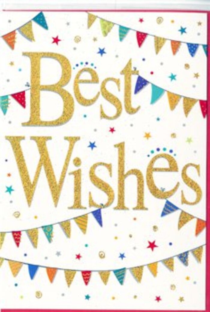 This congratulations card unfolds like a miniature street party in paper form, designed with the kind of joyful detail that would sit perfectly next to a fresh bouquet from Flowers Bracknell Forest. At its heart, the greeting Best Wishes is written in generous, flowing gold script that appears slightly raised, with a subtle glitter or foil effect that glints as though touched by late-afternoon sunlight. The background is a bright, uncluttered white, giving the golden words space to shine and making the card feel fresh and modern. Encircling the message, curves of bunting sweep from one side to the other, almost like the soft arcs of flags hung between lampposts at a summer event in South Hill Park or around a birthday gathering in one of Bracknell's leafy cul-de-sacs. Each tiny flag is individually coloured and detailed-some in clear blocks of sapphire blue, ruby red, or emerald green, others in softer tones of peach and lavender, often embellished with crisp stripes, polka dots, or irregular mosaic patterns. A fine suggestion of shimmer on some pennants adds a sense of movement and festivity, as if they are fluttering in a gentle breeze. Between the bunting strands, small stars and confetti dots dot the white space, scattered in a way that feels both playful and deliberate, like the traces of a party that has just come to life. The card carries a mood of warmth, optimism, and inclusive celebration-perfect for congratulating someone on new beginnings, exam results, a new home, or any proud moment in Bracknell Forest. It feels like a sincere, tangible way to say, You've done wonderfully, and we're celebrating with you, especially when paired with fresh, fragrant flowers delivered locally.