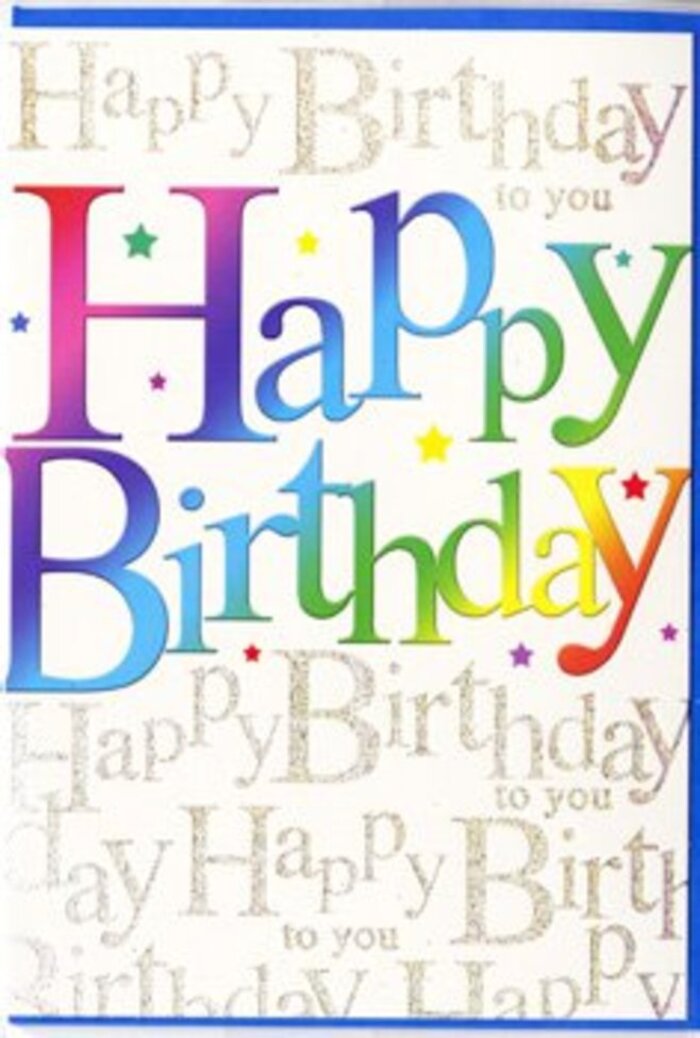 The front of this birthday card unfolds like a mini party scene, alive with colour and gentle sparkle, much like a decorated table ready for guests in a Bracknell Forest home. Dominating the design, the phrase Happy Birthday sweeps across the card in large, confident letters, each one bathed in a unique shade that shifts gracefully from one to the next. The gradient begins with rich crimson and berry tones, passes through shades of warm orange and rosy pink, melts into blues and greens reminiscent of woodland paths and clear skies, and finally settles into a mellow yellow glow. The transition between colours is fluid, creating a harmonious feel rather than a strict banded rainbow, as if the letters were painted with watercolour washes. In the background, a repeating pattern of Happy Birthday to you curls and loops in elegant gold script, giving the impression of softly sung wishes at a gathering near Lily Hill Park. The script is fine and slightly shimmering, suggesting a touch of glitter or metallic ink, and drifts across the card in gentle waves that add depth without overcrowding the main message. Small specks, dots, and starry hints are sprinkled among the script, like scattered confetti that has settled after a burst of celebration. The surface looks smooth, with perhaps a satiny sheen, and the coloured letters appear slightly more lustrous, as though treated with a glossy finish. Together, these details create a card that is both playful and refined, the kind you might choose to accompany a thoughtfully arranged birthday bouquet from a trusted local florist for a milestone celebration in Bracknell Forest.