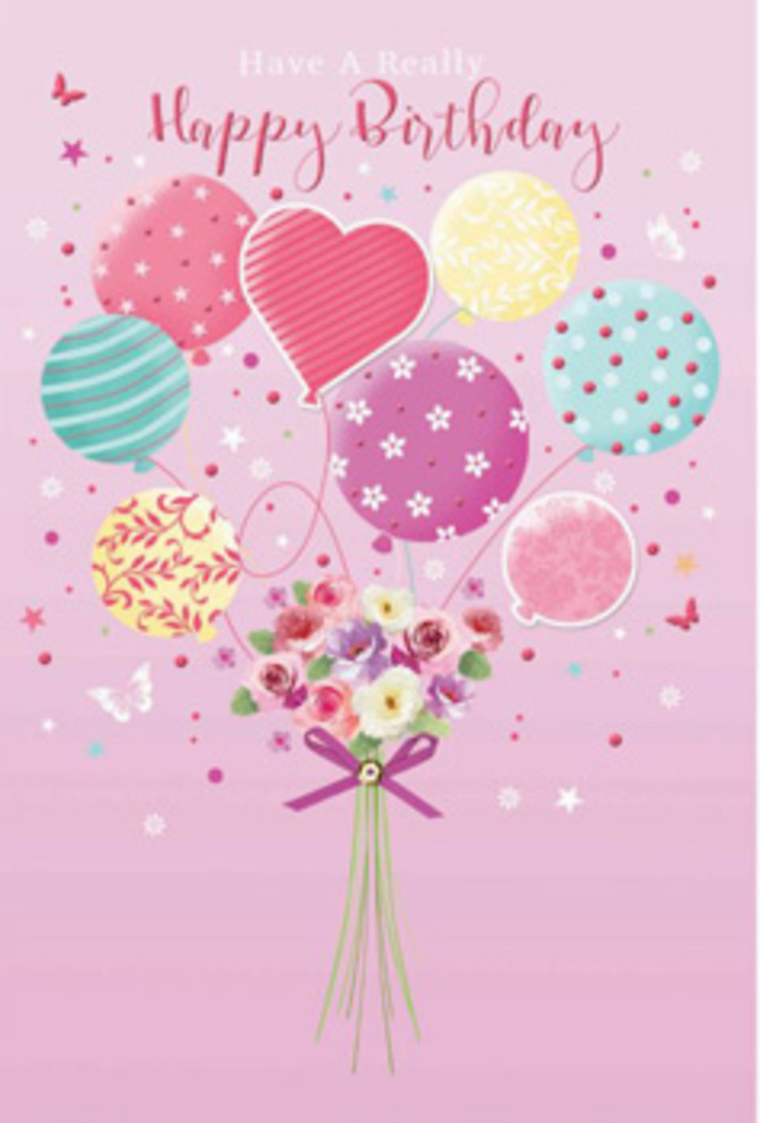 Charming birthday card artwork featuring an airy arrangement of balloons and a petite bouquet, imagined with the insight of a florist who knows Bracknell Forest's love of soft, romantic colour. The background is a muted pink wash, serene yet celebratory, much like the gentle ambience in a local café near the Lexicon when birthday balloons are tied to a chair. From the base, a small but abundant bouquet rises, its stems neatly gathered and secured with a sparkling purple bow. The flowers in this bouquet appear lush and freshly picked-tiny roses and daisy-like blossoms in creamy ivory, blush pink, and gentle mauve. Their petals are rendered with fine, velvety texture, delicately shaded as though kissed by morning light. Above, an uplifting cluster of balloons seems to float away, pulling the flowers toward the sky. The balloons glow in pastel hues of sunshine yellow, sea green, fuchsia, and lavender, each one subtly reflective, as if catching soft indoor light from a birthday gathering at home. Their surfaces display playful patterns: swirling ribbons, candy stripes, cheerful dots, and floral shapes that echo the bouquet below. A heart-shaped balloon at the centre gives the design a focal point of affection, hinting at close relationships and heartfelt wishes. Small stars and fluttering butterflies dance throughout the scene, suggesting a sense of daydreaming or a celebration suspended in time, like a still moment in Lily Hill Park. The balance of balloons and blooms creates a feeling of gentle jubilation, turning a simple birthday card into a keepsake of warmth, joy, and quiet magic, as personal as having flowers delivered by a trusted local florist.