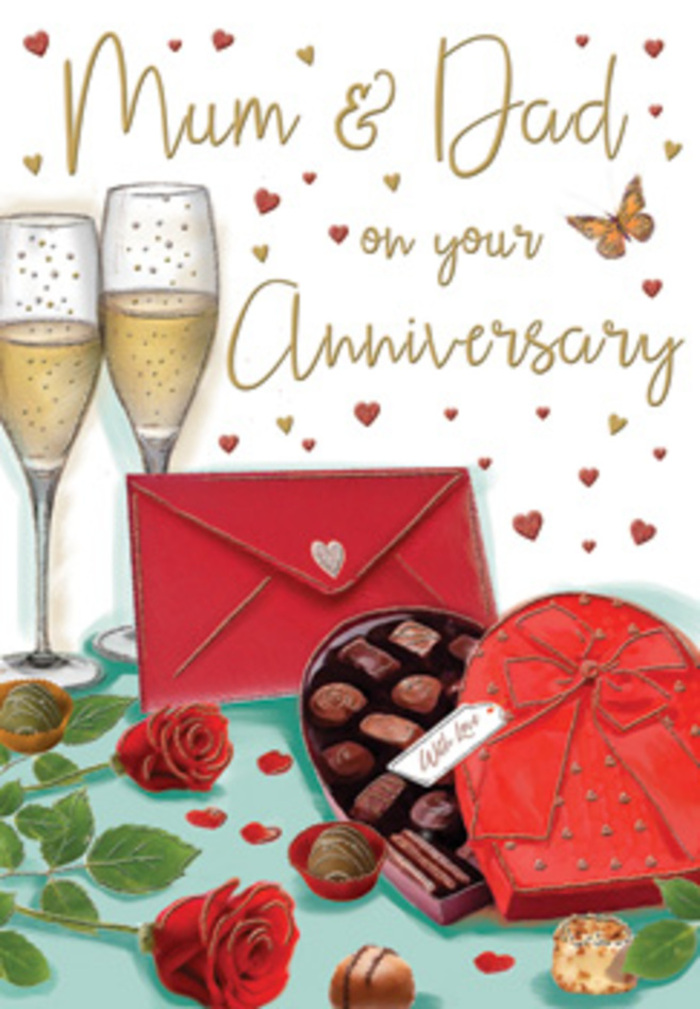 Luxurious anniversary card illustration that captures the spirit of an intimate celebration, much like an evening gathering in a Bracknell Forest home. The composition is built around a classic trio of romantic symbols-champagne, chocolates, and roses-carefully placed on a smooth, light-coloured surface. Two tall champagne flutes stand closely together at the back of the scene, filled almost to the brim with pale golden bubbly. The fine streams of rising bubbles look like tiny pearls suspended in the glass, suggesting a toast to many happy years shared. In front of them, a heart-shaped box of chocolates takes centre stage. Its deep crimson lid is adorned with a bold red bow, satin loops and tails cascading down with a graceful curve. The lid is lifted, revealing neat rows of chocolates, each nestled in its own little compartment, ready to be enjoyed after a celebratory meal somewhere in Bracknell Forest. To the side, two richly coloured red roses lie among fresh green leaves, their petals open and velvety, reminiscent of a just-delivered bouquet from a local florist near the Lexicon. Their imagined fragrance adds depth and romance to the scene. A bright scarlet envelope rests at a slight angle nearby, sealed and inviting, suggesting a handwritten message of love to Mum & Dad. Tiny hearts in gold and deep red float and scatter across the background like gentle confetti, surrounding the central elements with a halo of joy. The overall impression is refined yet warmly personal, echoing the comfort and affection of long-term love celebrated quietly at home in Bracknell Forest.