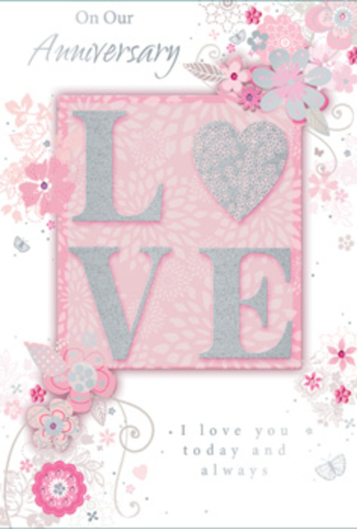 In this image, the anniversary card feels like opening the door to a sunlit room in Bracknell Forest where love has quietly grown over many seasons. The central motif is the word LOVE, rendered in substantial letters coated with a frosted, glittery finish. The glitter catches light in a way that recalls dew sparkling on early morning blooms at Lily Hill Park, giving the impression that the letters are gently illuminated from within. They stand slightly raised from the card's surface, adding a pleasing texture that invites touch. Around this central word, graceful, hand-drawn flowers and sprays of foliage sweep along the borders, drifting inward with effortless charm. Their shades of pink, lavender, ivory, and soft grey are carefully balanced, reminiscent of a florist's palette when composing a hand-tied anniversary bouquet for a home near Wildridings or Warfield. Filigree lines wind through the design like fine stems, connecting dainty leaves, curving flourishes, and the occasional nearly hidden butterfly. These butterfly motifs are subtle, positioned so that they almost blend into the background, yet they add a sense of lightness, as if hearts are quietly fluttering in anticipation of an anniversary evening together. The card's background remains a gentle blush tone, providing warmth without overwhelming the delicate flowers. Nestled harmoniously among the illustrations, the message I love you today and always is printed in a refined, understated typeface, offering a heartfelt declaration without shouting for attention. Overall, the composition feels like a paper bouquet, artfully arranged and filled with unspoken gratitude, perfect for honouring years of partnership in the peaceful surroundings of Bracknell Forest.