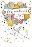 This congratulations card illustration feels like a gentle burst of festivity, the kind you notice when stepping into a tidy Bracknell Forest home that's just been dressed up for a celebration. Dominating the design is a soft bouquet of balloons, rising together in a loose, airy cluster from the lower part of the card. Each balloon is rendered in graceful tones of muted gold, silvery white, champagne, sky blue, soft pink, and a calm grey, with subtle shading giving them a rounded, inflated look. Some surfaces are sprinkled with tiny stars, others wrapped in neat stripes or scattered with fine glitter-like patterns, suggesting the gleam of real foil balloons under warm indoor lighting. A beautifully curved banner stretches across the middle, carrying the words Congratulations To You in elegant, free-flowing script that conveys warmth and sincerity. Surrounding the central motif, thin ribbons dip and swirl in arcs of gold and silver hues, their curves echoed by floating stars and confetti dots that drift across a pale, almost cloud-like background. There is a sense of lightness to the composition, as though the balloons could lift gently higher at any moment, carried by shared pride and well-wishes. It is easy to imagine this card arriving alongside a hand-delivered bouquet from Flowers Bracknell Forest, ready to be placed on a mantelpiece or dining table. The style is refined but not stiff, perfectly suited for marking milestones such as graduations, promotions, or hard-won achievements, while quietly reflecting the joyful, supportive atmosphere often found in celebrations throughout the local community.
