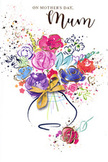 The Mother's Day card radiates the exuberant charm of a hand-tied spring bouquet, interpreted in sweeping watercolour and fine golden highlights that call to mind the soft light drifting through the trees of Bracknell Forest. At its heart, lush purples and playful pinks mingle, their colours layered and blended so that some petals appear almost translucent, while others hold richer, more saturated tones, much like freshly opened blooms in a garden after rain. These warm, joyful shades are balanced by serene blues and touches of radiant red, so the overall palette feels alive but harmonious, with each hue complementing the next. Fine touches of gold dance along selected petals and stems, tracing their shapes in delicate glimmers that suggest the way sunlight can briefly catch on a flower's edge. The vase is rendered in soft, curved strokes, giving a sense of rounded glass or ceramic without rigid detail, and is completed by an elegant golden bow at the neck that evokes the gentle rustle of ribbon as a florist secures an arrangement for delivery to a family home. Around the bouquet, scattered flecks and splatters of colour, along with subtle heart motifs, drift across the white background like petals tossed in joy or confetti thrown in quiet celebration. The generous use of white space allows the floral colours to stand out clearly, making the composition feel airy, open, and full of movement. The emotional tone is warm and affectionate, like a heartfelt hug translated into paint, perfectly suited to expressing appreciation and love to a mum in Bracknell Forest who deserves to feel cherished on Mother's Day and beyond.