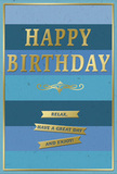 This elegant birthday card features a soothing palette of blues and golds, capturing the feeling of a calm, happy day in Bracknell Forest. The front is composed of broad, horizontal stripes that move from dark navy at the top through layers of denim and teal to a pale, airy blue near the bottom, creating a restful ombré that feels a bit like watching the sky shift above Swinley Forest. The finish of the card is matte and smooth, softening the colours and giving them a velvety depth. Centred on this backdrop is the greeting Happy Birthday, rendered in large, embossed gold capitals. The letters are raised enough to feel under the fingertips, and their metallic sheen glows gently as the card catches the light. Immediately beneath, a delicate golden flourish runs horizontally, echoing the curves of fine handwriting and adding a traditional, almost romantic touch. Three slender golden banners sit below, neatly stacked one above another, each banner clearly bearing part of the friendly message: Relax, have a great day and enjoy! The banners' raised edges and crisp text add both visual and tactile interest. A thin gold frame surrounds the entire design, containing the layered blues and shimmering text like a window frame around a peaceful view. Imagine this card propped beside a vase of fresh birthday flowers on a kitchen table in Bracknell or nearby Binfield, ready to greet the recipient as they start their special day. The mood is one of quiet celebration and thoughtful care-a gentle reminder to pause, breathe, and truly enjoy their birthday.
