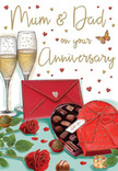 Heart-warming anniversary card illustration that feels perfectly at home in Bracknell Forest, as if the design were inspired by a family celebration after a stroll through Swinley Forest or a cosy dinner at home. The image shows a carefully arranged tabletop bursting with symbols of enduring love. At the back, two slender champagne flutes touch lightly, each glass filled with shimmering golden fizz. The bubbles rise in delicate trails, reflecting a soft, amber light that suggests evening warmth and the gentle clink of a shared toast. In front of the glasses, a heart-shaped chocolate box in deep red sits proudly. Its lid, tied with a generous satin bow, is open just enough to reveal an assortment of glossy, bite-sized chocolates, each one promising a sweet moment. To one side, two velvety red roses lie nestled against their dark green leaves, petals luxuriant and full, much like roses hand-picked by Flowers Bracknell Forest for a special anniversary order. The roses add a sense of fresh, fragrant romance, grounding the image in a florist's artistry. At the edge of the scene rests a scarlet envelope, elegantly sealed, conjuring the idea of handwritten wishes and memories sent to Mum & Dad. Scattered across the surrounding space, tiny gold and crimson hearts float in a gentle arc, echoing confetti and giving the whole card a joyful rhythm. Together, these elements create an atmosphere of warmth, gratitude, and celebration that mirrors the way families across Bracknell Forest honour the milestones of a shared life.